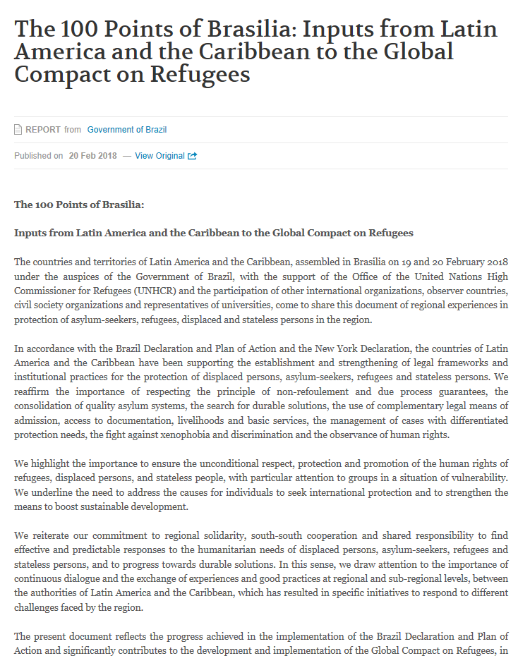 The 100 Points of Brasilia: Inputs from Latin America and the Caribbean to the Global Compact on Refugees