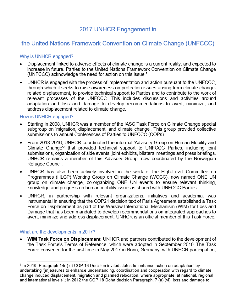 2017 UNHCR Engagement in the United Nations Framework Convention on Climate Change (UNFCCC)