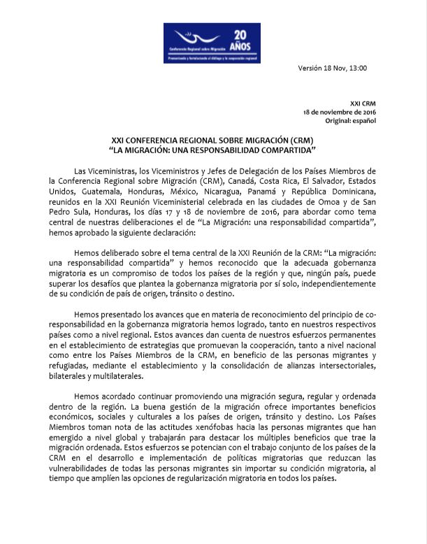 XXI CONFERENCIA REGIONAL SOBRE MIGRACIÓN (CRM) “LA MIGRACIÓN: UNA RESPONSABILIDAD COMPARTIDA”