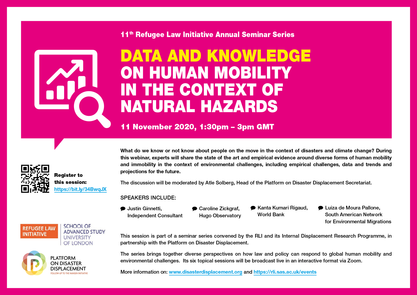 Flyer for the event 'Data and Knowledge on Human Mobility in the Context of Natural Hazards' with a picture of a graph and lens and a blurb, list of speakers, registration link and QR code, and RLI and PDD logos on a pink and white background