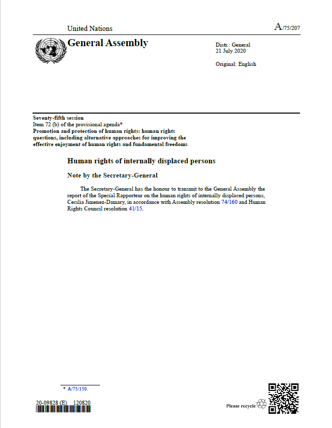 Cover page: United Nations General Assembly seventy-fifth session, item 72(b) of the provisional agenda, Human rights of internally displaced persons Note by the Secretary-General