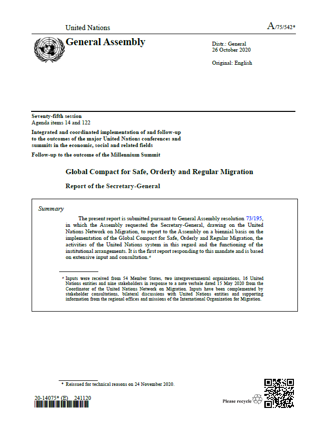 Cover page: United Nations General Assembly seventy-fifth session, agenda items 14 and 122, Report of the Secretary-General - Global Compact for Safe, Orderly and Regular Migration