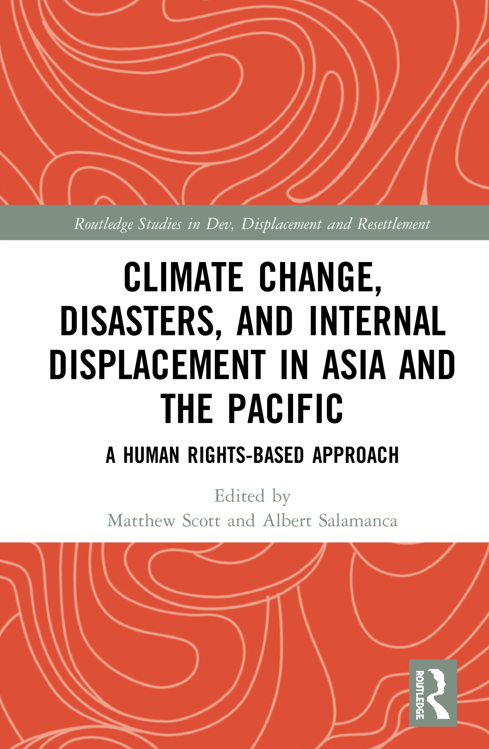 Cover page: red background with text Climate change, disasters and internal displacement in Asia and the Pacific: A human rights-based approach