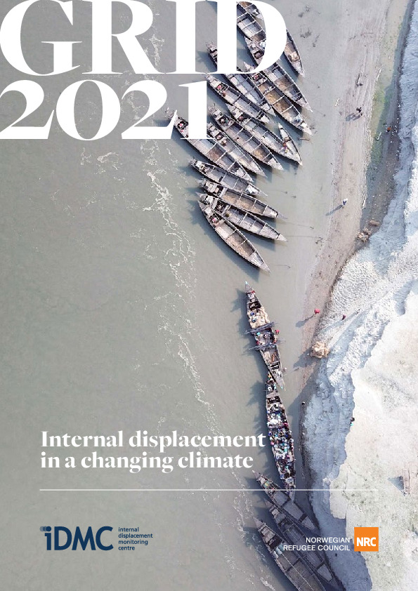 Cover Image of flooding in Bangladesh with the text "GRID 2021: Internal displacement in a changing climate"