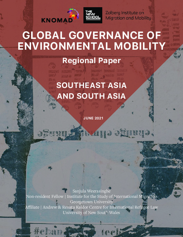 Cover image: shot of a wall covered in posters with text: Global Governance Of Environmental Mobility Regional Paper: South East Asia and South Asia