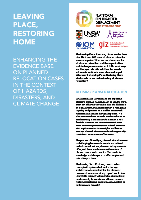 Summary – Leaving Place, Restoring Home: Enhancing the Evidence Base on Planned Relocation Cases in the Context of Hazards, Disasters, and Climate Change