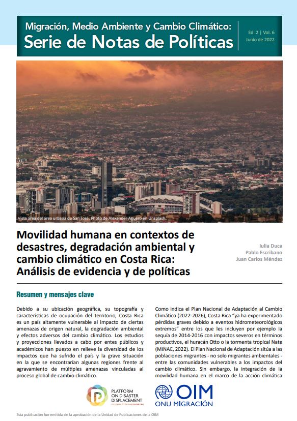 Movilidad Humana en Contextos de Desastres, Degradación Ambiental y Cambio Climático en Costa Rica: Análisis de Evidencia y de Políticas